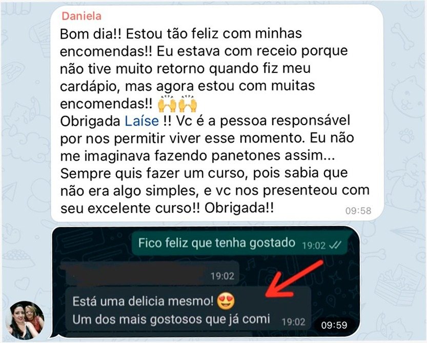 Conversa de aluna dizendo que está feliz com o volume de encomendas