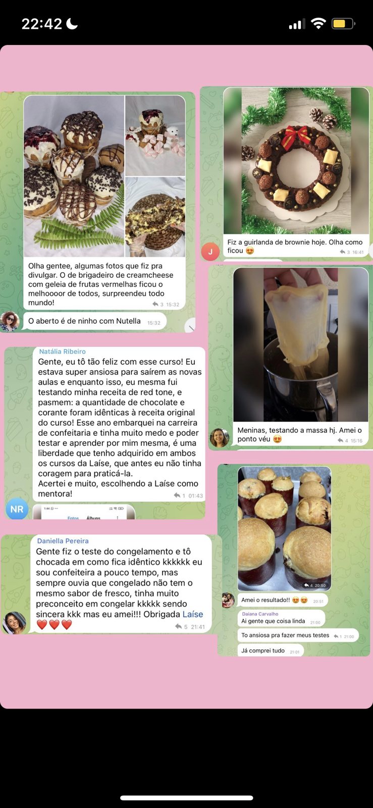 Mensagens de alunas mostrando guirlanda de brownie, teste da massa e resultado das fornadas
